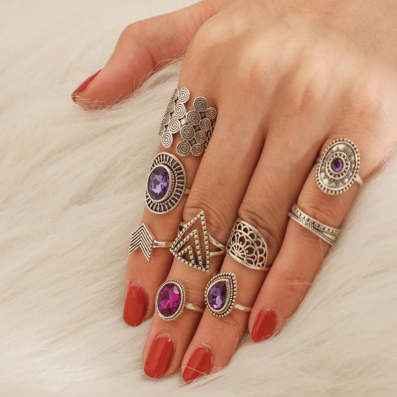 Wholesale Vintage Water Drop Amethyst Alloy Rings Set of 9